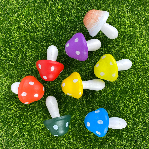 Painted Wooden Mushroom Figurines